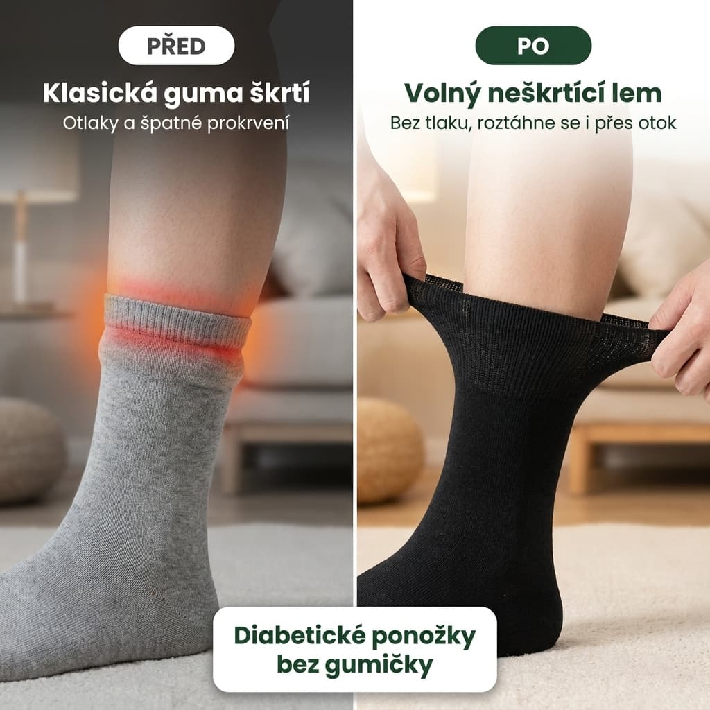 Diabetické ponožky před a po – volný neškrtící lem bez otlaků